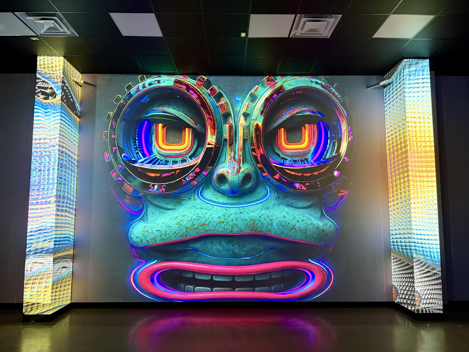Colorful character visuals across walls and columns